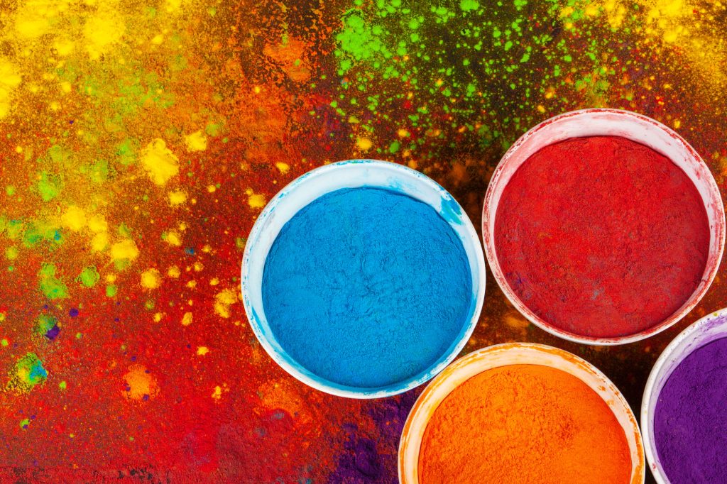 Organic powder colors in bowl for Holi festival